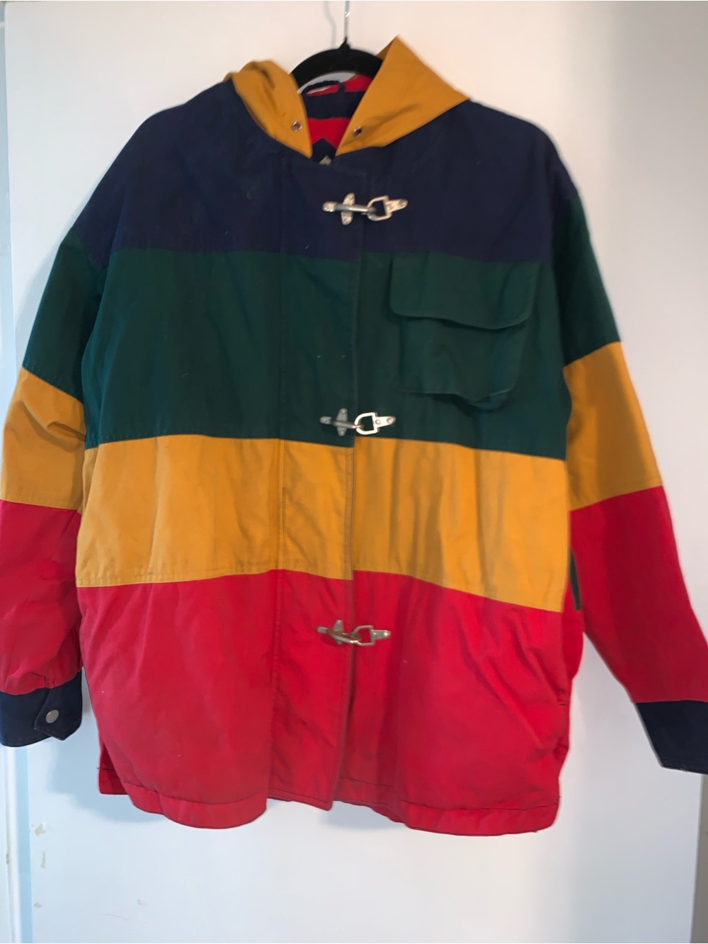 Vintage 90s Liz Phillips Colorblock Fireman Clasp Hooded Jacket Small